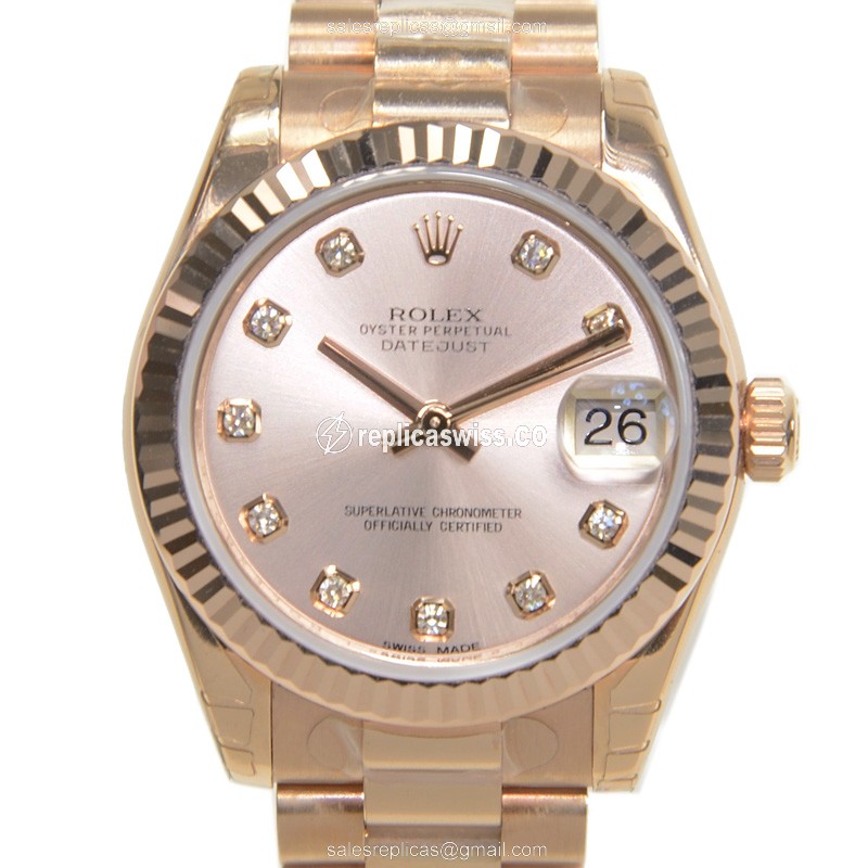 Rolex Lady Datejust Replica - Automatic, 18kt Rose Gold - Gold Dial, Gold Strap