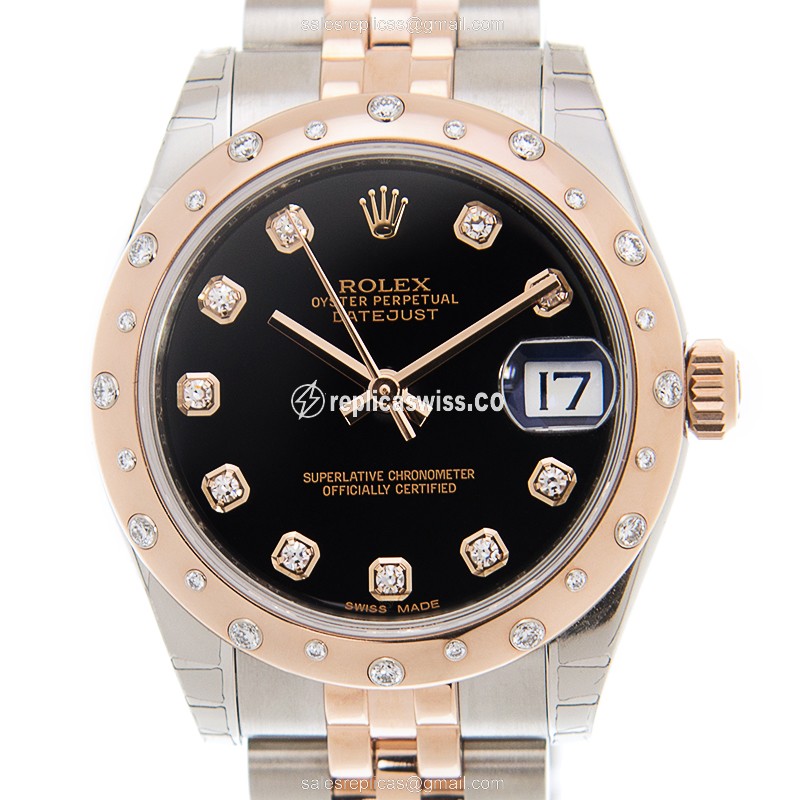 Rolex Datejust Replica - Automatic - 18kt Rose Gold & Steel - Black Dial, Gold Clasp