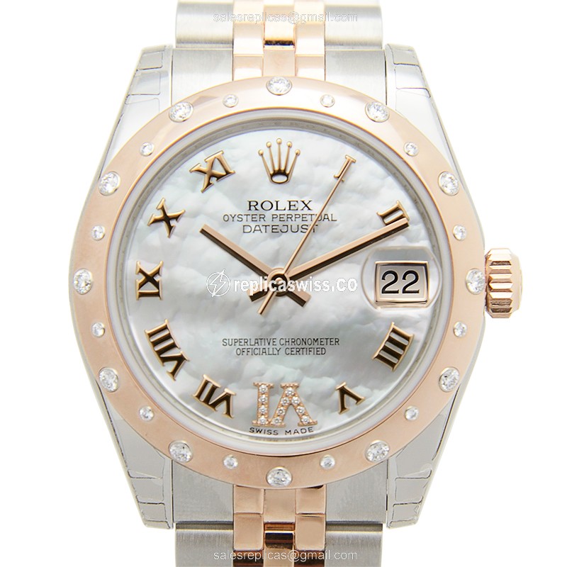 Rolex Datejust Replica - Automatic - 18kt Rose Gold & Steel Case - White Dial, Silver Clasp & Strap