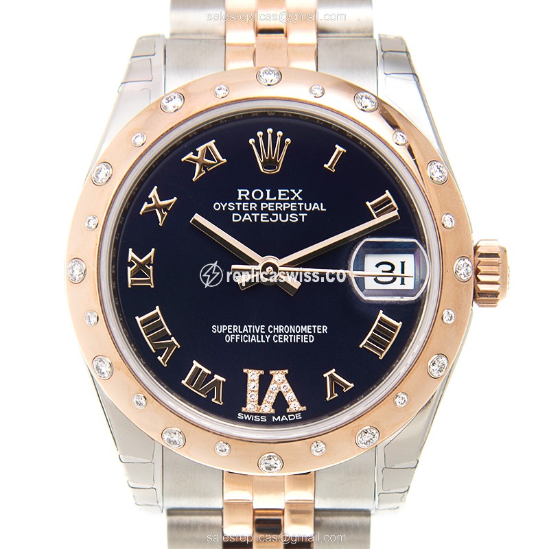 Rolex Datejust Lady Replica - Automatic - 18kt Rose Gold Case - Purple Dial, Diamond Bezels