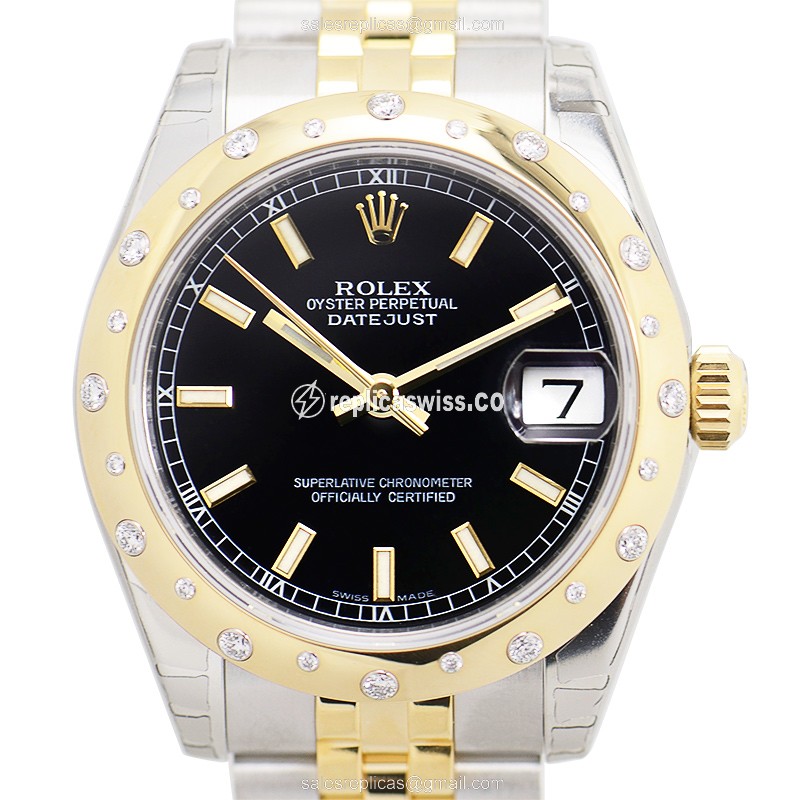 Rolex Datejust Replica - Automatic - 18kt Gold - Black Dial on Silver Strap