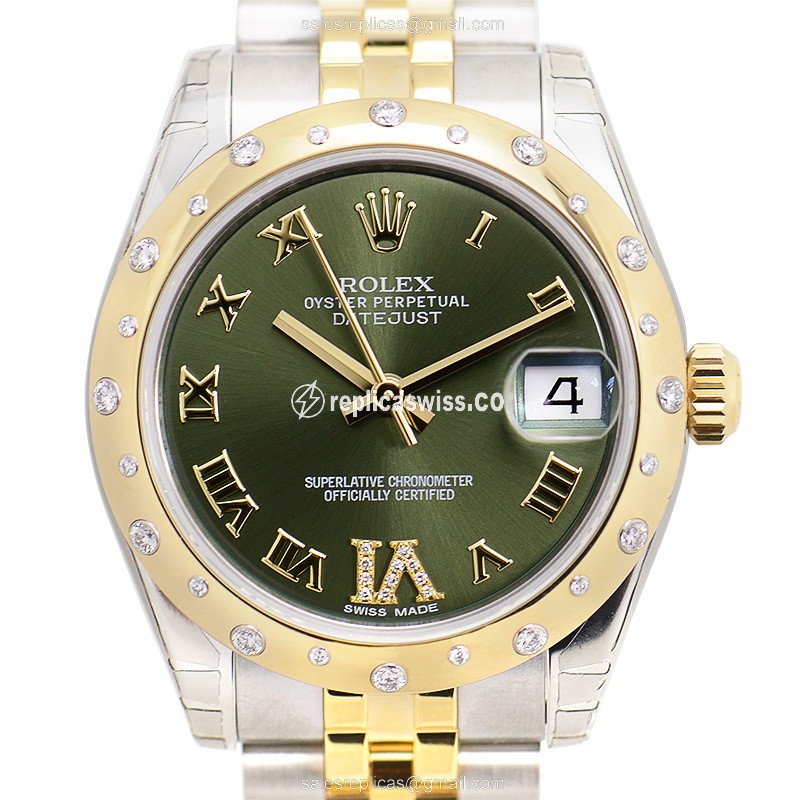 Rolex Datejust Lady Replica - Automatic - 18kt Gold/Steel - Green Dial, Silver Clasp