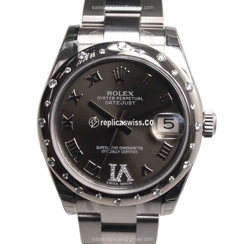 Rolex Lady Datejust Replica - Automatic - 18kt White Gold & Steel - Dark Grey Dial - Silver Steel Strap
