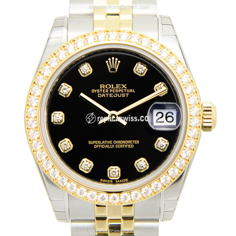 Rolex Datejust Replica - Automatic - 18kt Gold - Diamond Accents - Black Dial