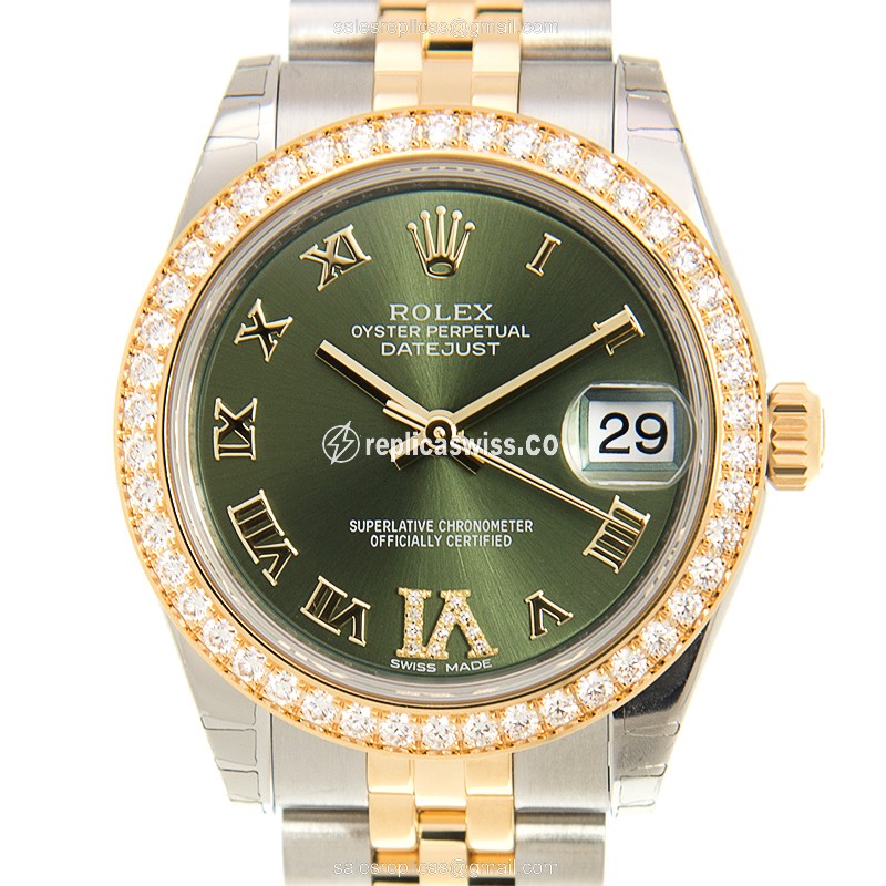 Rolex Datejust Lady Replica - 18kt Gold & Diamond - Automatic - Green Dial, Gold Strap