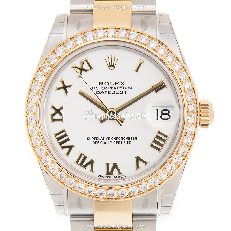 Rolex Lady Datejust Replica - Automatic - 18kt Rose - Diamond Bezel - White Dial - Gold Strap