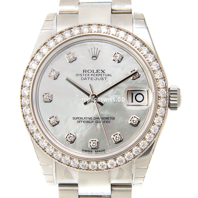 Rolex Datejust Replica - Automatic - White Gold - Diamond Bezel - Silver Dial