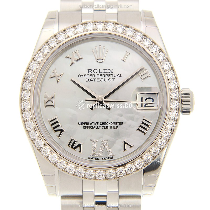 Rolex Datejust Lady Replica - Automatic - White Gold - Diamond Accents - Steel Case