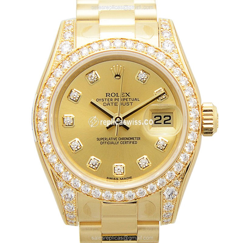 Rolex Lady Datejust Replica - Automatic - 18kt Gold Case - Diamond - Gold Dial