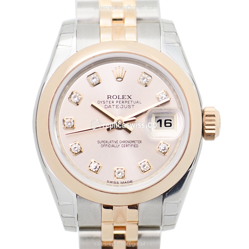 Rolex Datejust Lady Replica - Automatic - 18kt Rose Gold & Steel - Pink Dial - Silver Strap