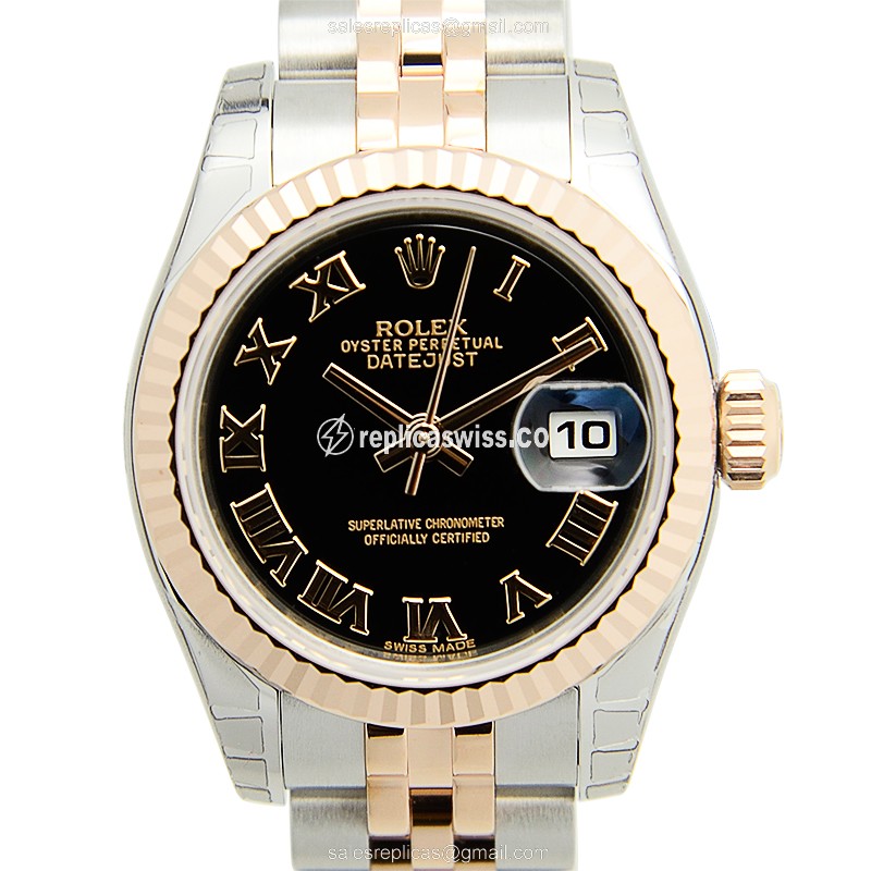 Rolex Datejust Lady Replica - 18kt Rose Gold - Steel Case, Black Dial
