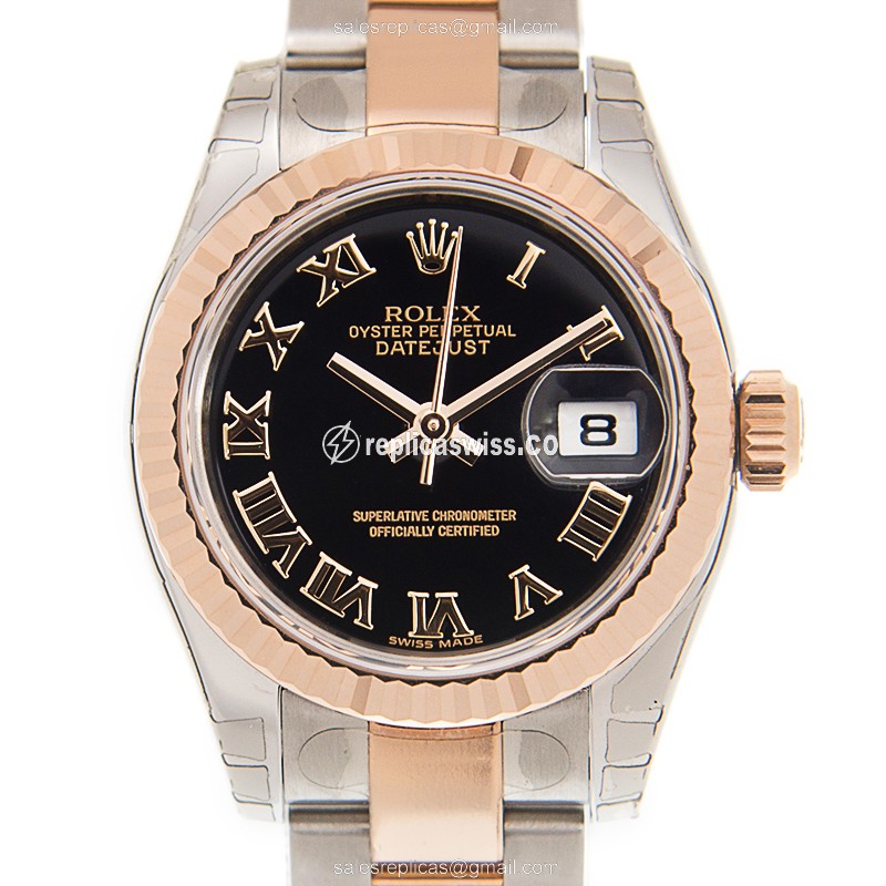 Rolex Datejust Lady Replica - Automatic - Rose Gold Case & Steel - Black Dial