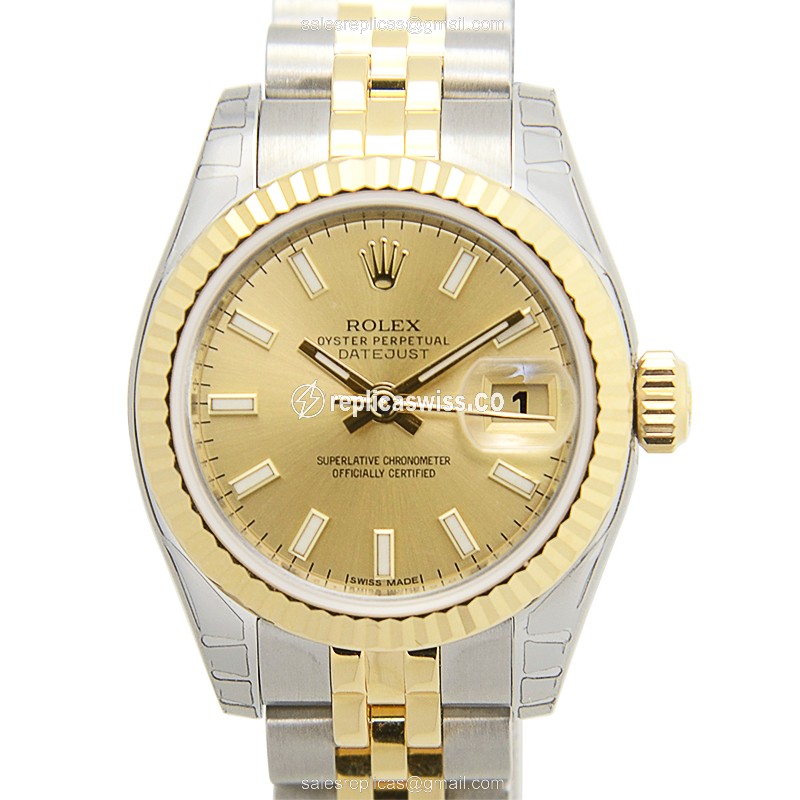 Rolex Lady Datejust Replica - Automatic - 18kt Gold & Steel Case - Gold Dial - Silver Clasp & Strap