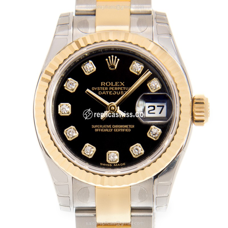 Rolex Lady Datejust Replica: Automatic, Black Dial, 18kt Gold & Steel Clasp