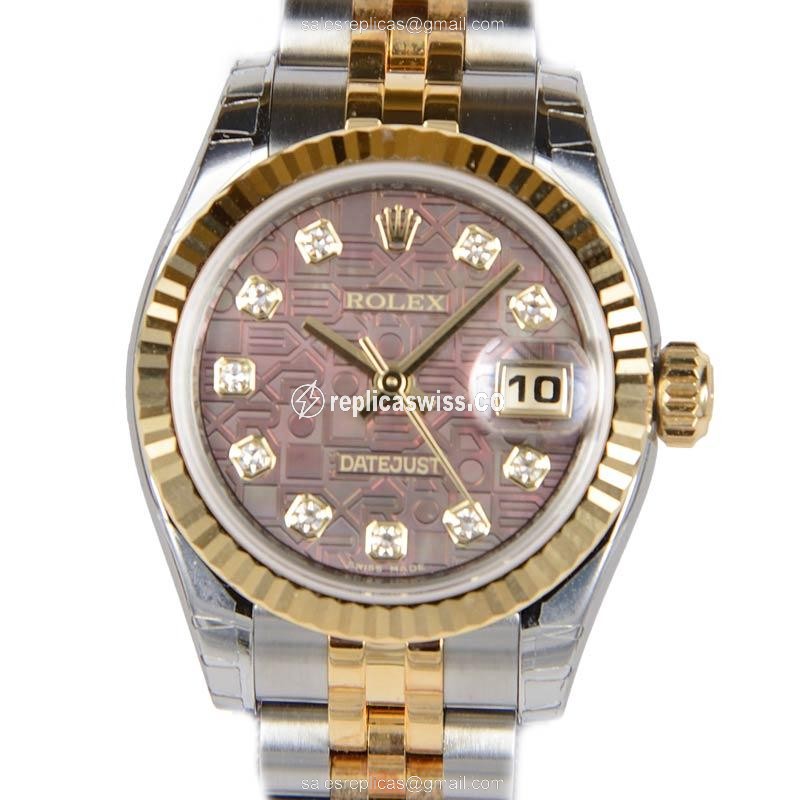 Rolex Lady Datejust Replica - Automatic - 18kt Gold Case - Brown Dial - Silver Clasp & Steel Strap