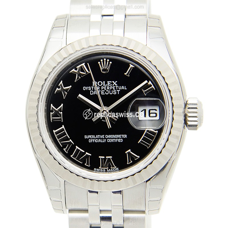 Rolex Datejust Lady Replica - Automatic - White Gold & Steel Case - Black Dial