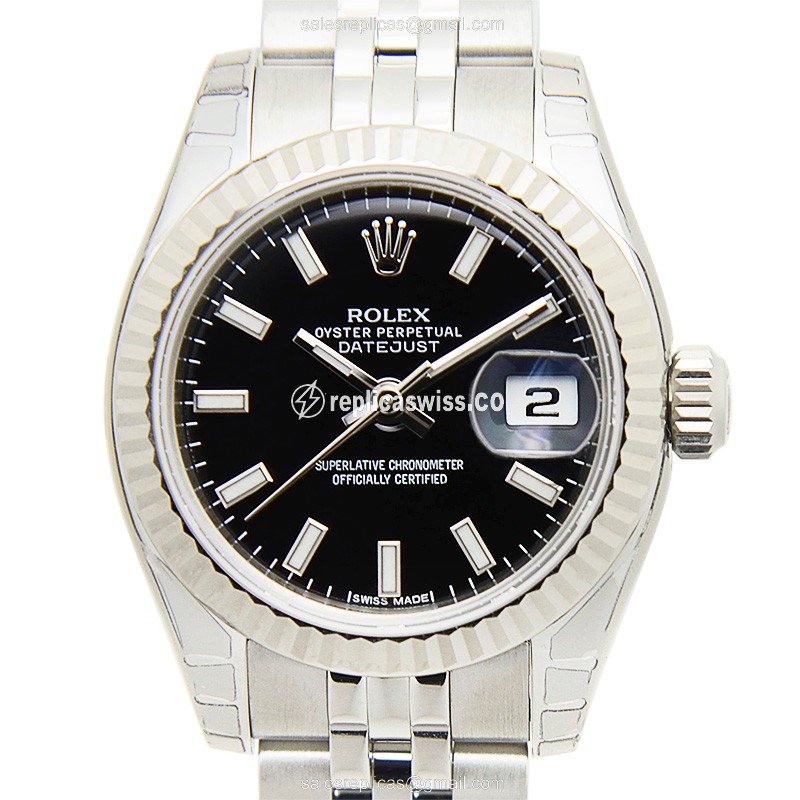 Rolex Datejust Lady Replica - Automatic - White Gold & Steel Case - Black Dial