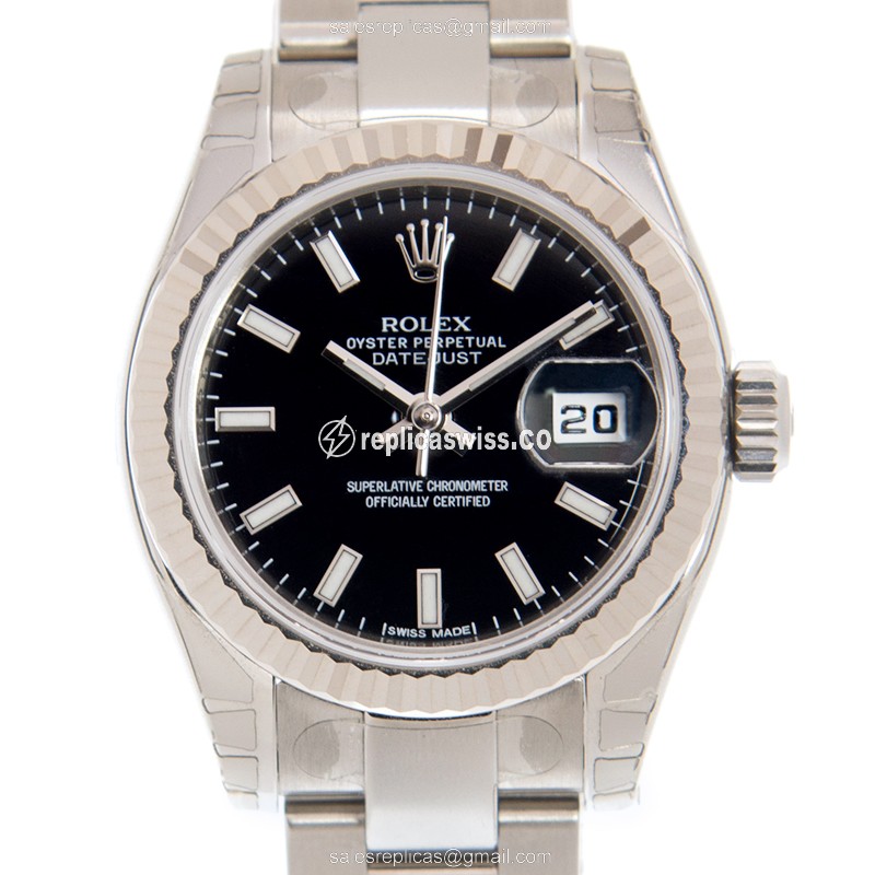 Rolex Lady Datejust Replica - Automatic - 18kt White Gold & Steel Case - Black Dial