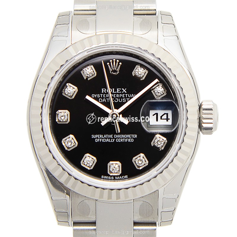 Rolex Lady Datejust Replica - Automatic - 18kt White Gold - Black Dial - Steel Band - Luxury Replica LADY DATEJUST Watch