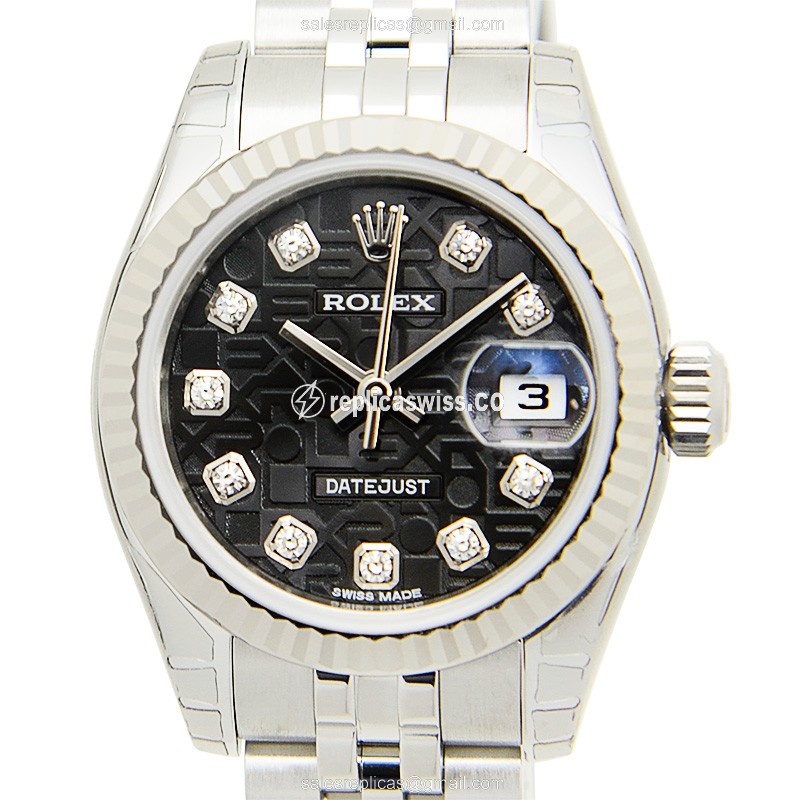 Rolex Lady Datejust Replica - Automatic - 18kt White Gold & Steel - Black Dial - Silver Steel Strap - Luxury Replica LADY DATEJUST Watch