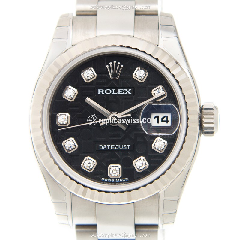 Rolex Lady Datejust Replica - Automatic - 18kt White Gold - Black Dial - Silver Steel Clasp