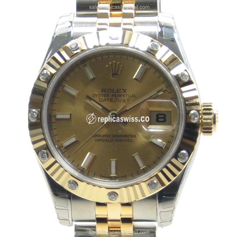 Rolex Lady Datejust Replica - Automatic | Gold Dial | Clasp | Silver Strap