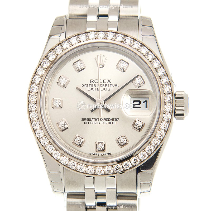 Rolex Datejust Replica - Automatic - White Gold - Diamond Bezel - Silver Dial