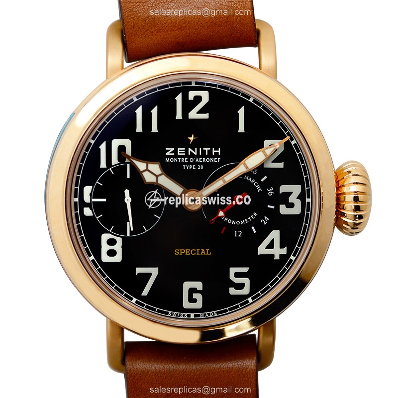 Zenith PILOTS Manual Wind 18kt Gold - Black Dial, Brown Cowhide Strap - Luxury Replica PILOTS Watch