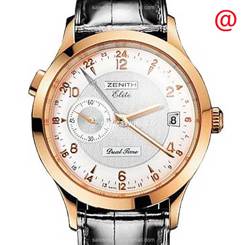 Zenith Elite 18kt Rose Gold - Automatic - Silver Dial - Black Alligator Strap - Luxury Replica ELITE Watch