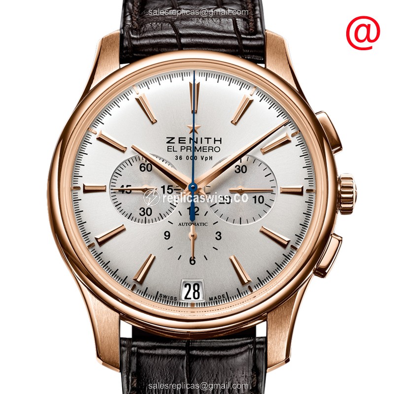 Zenith Captain Replica - Automatic - 18kt Rose Gold - Silver Dial - Brown Alligator Strap