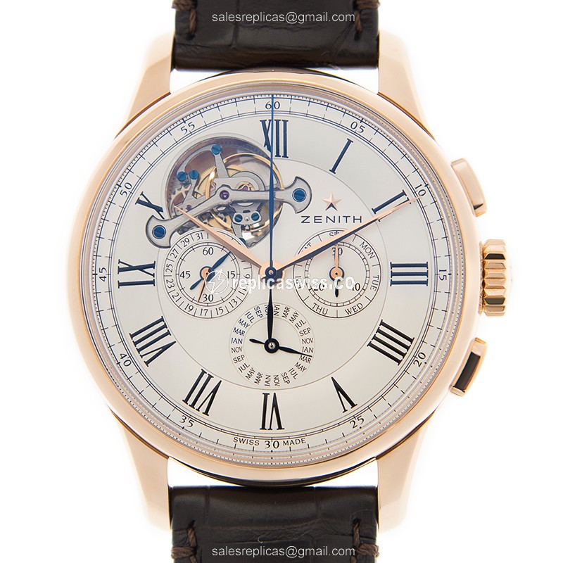 Zenith Academy Replica - Automatic 18kt Rose Gold - White Dial - Brown Alligator Strap