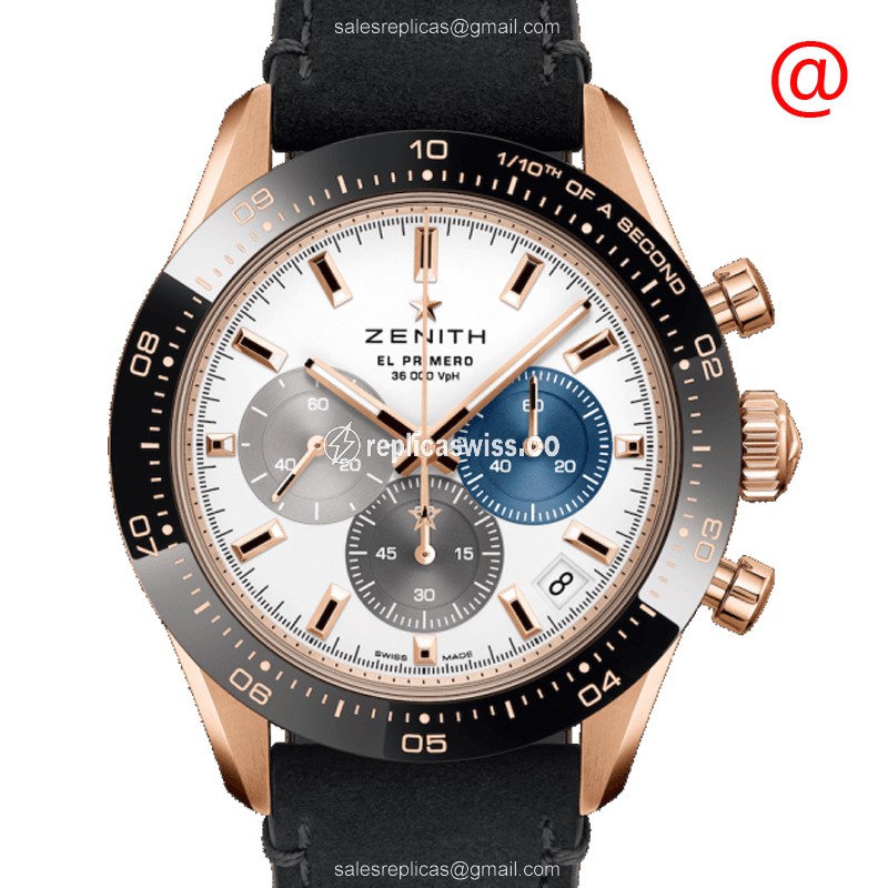 Zenith Chronomaster Replica - Automatic - 18kt Rose Gold - White Dial - Black Cowhide Strap - Luxury Replica CHRONOMASTER Watch