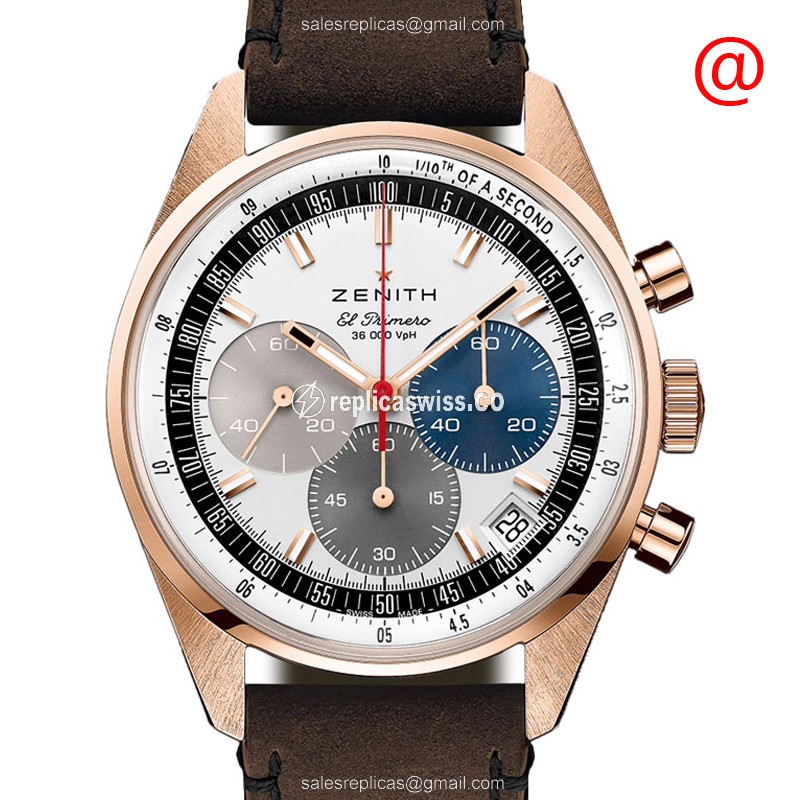 Zenith Chronomaster 18kt Rose Gold - Automatic - White Dial - Brown Cowhide Strap - Luxury Replica CHRONOMASTER Watch
