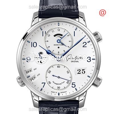 Glashutte Senator Cosmopolite Replica - Manual - Stainless Steel - White Dial - Blue Alligator Strap - Luxury Replica SENATOR COSMOPOLITE Watch
