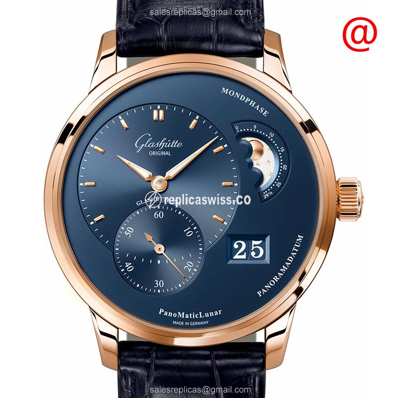 Glashutte PANO Replica - Automatic 18kt Rose Gold - Blue Dial & Blue Alligator Strap - Luxury Replica PANO Watch