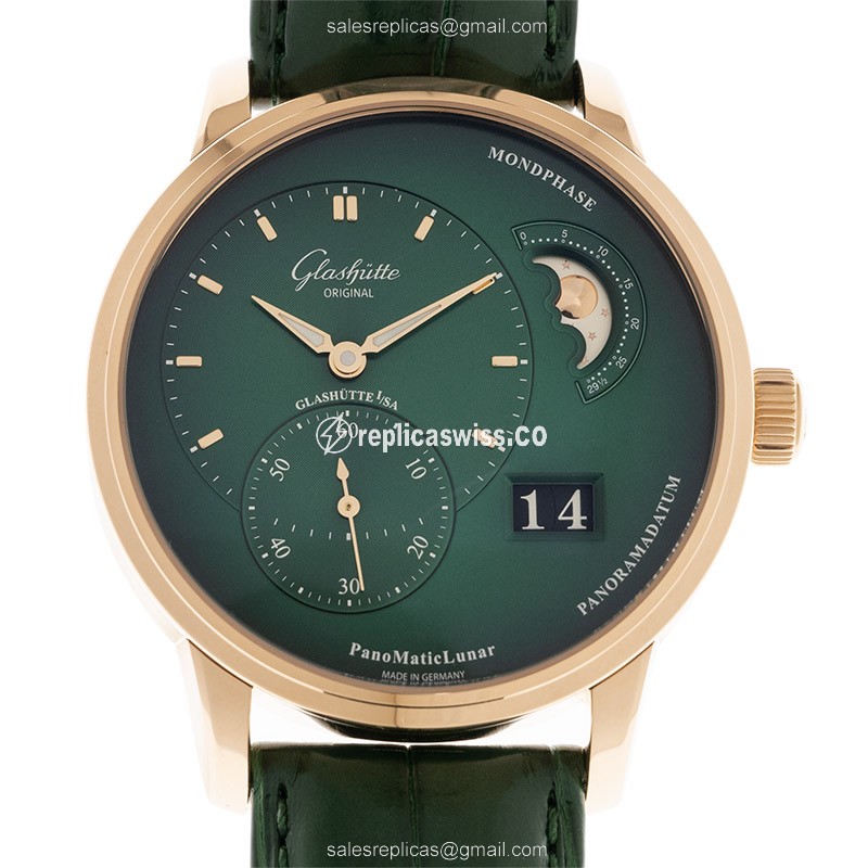 Glashutte PANO Automatic 18kt Rose Gold - Green Dial - Alligator Green Strap - Luxury Replica PANO Watch