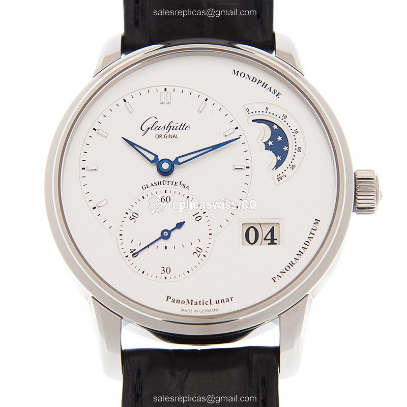 Glashutte Prima Luna Replica - Automatic - Stainless Steel - White Dial - Black Leather Strap - Luxury Longines Replica Watch
