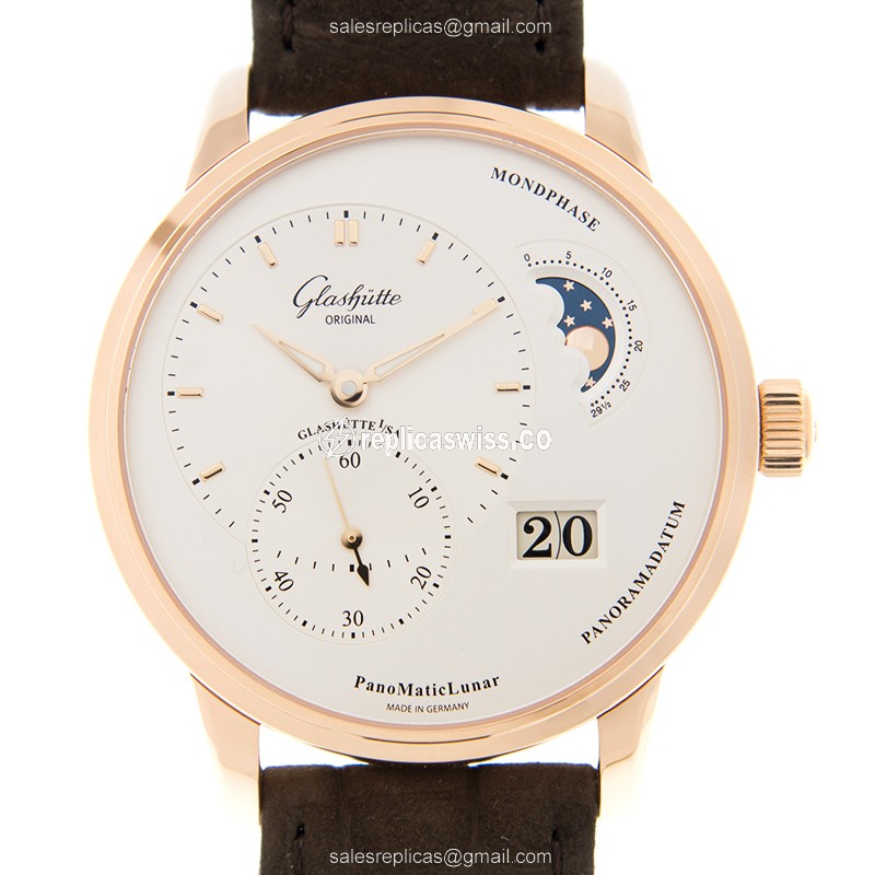 Glashutte 1-90-02-45-35-04 PANO Replica - Automatic 18kt Rose Gold Case - Silver Dial - Brown Alligator Strap - Luxury Replica PANO Watch