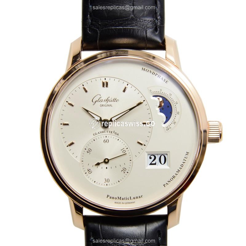 Glashutte PANO Replica - Automatic 18kt Rose Gold - White Dial - Black Alligator Strap - Luxury Replica PANO Watch