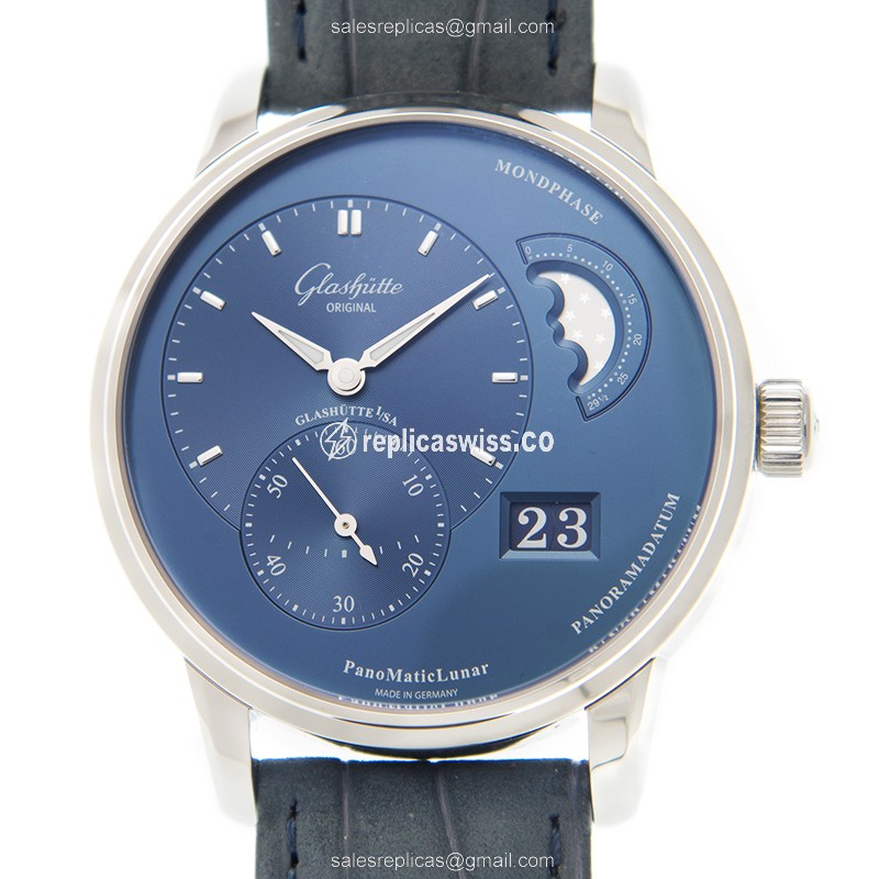 Glashutte 1-90-02-46-32-30 PANO - Automatic - Steel - Blue Dial - Blue Alligator Strap - Luxury Replica PANO Watch