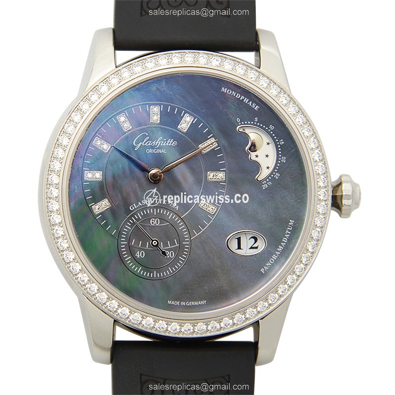 Glashutte PANO Automatic - Stainless Steel - Diamonds - Black Dial - Rubber Strap - Buckle Clasp - Luxury Replica PANO Watch
