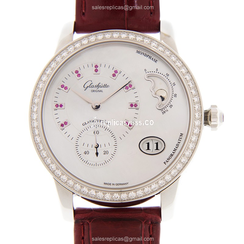 Glashutte PANO Automatic 18kt White Gold - Red Leather Strap - 42mm - Luxury Replica PANO Watch