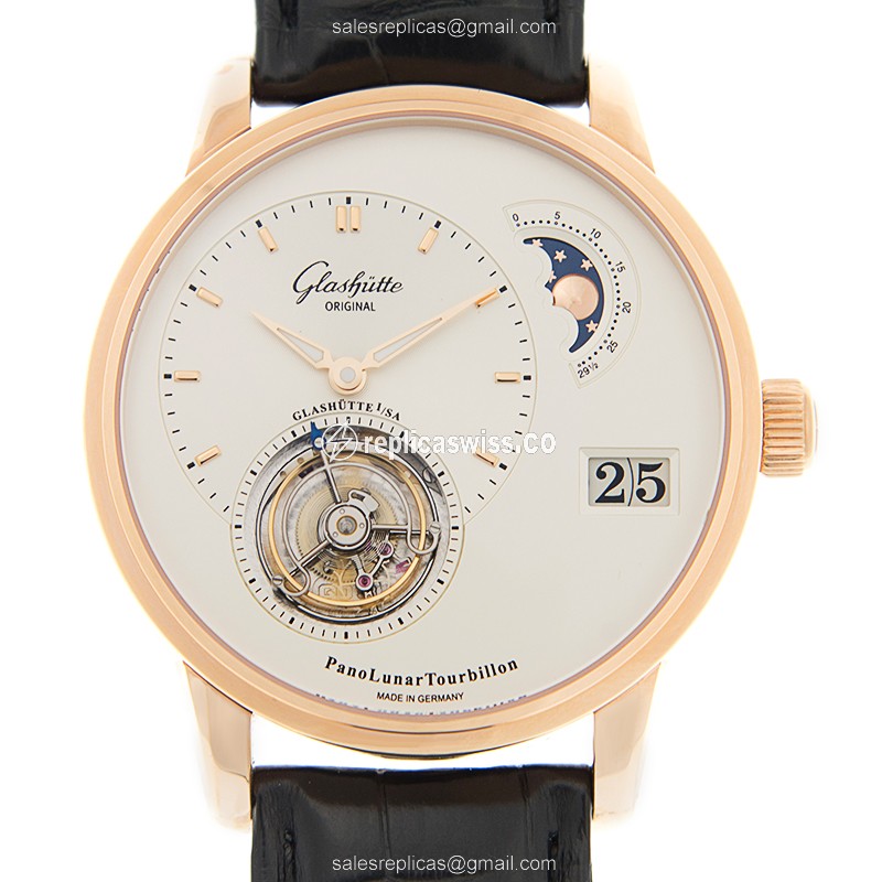 Glashutte 1-93-02-05-05-04 PANO Automatic 18kt Rose Gold - White Dial - Black Alligator Strap - Clasp - Luxury Replica PANO Watch