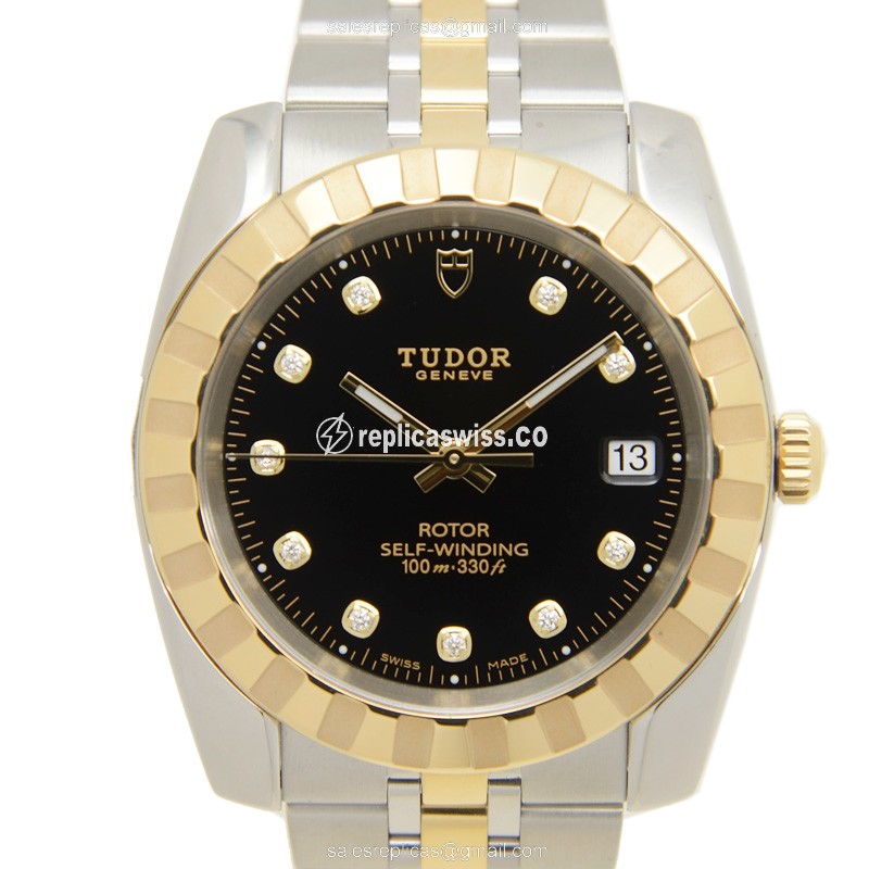Tudor Classique Replica - Automatic - 18kt Gold & Steel - Black Dial - Silver Strap