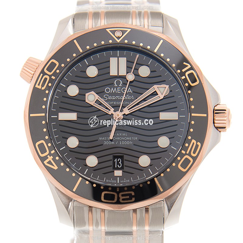 Omega Seamaster Replica - Automatic - 18kt Rose Gold & Steel - Black Dial - Gold Clasp