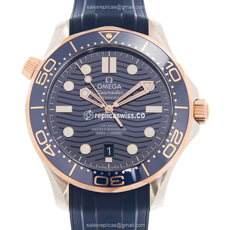 Omega Seamaster Replica - Automatic - 18kt Rose Gold & Steel - Blue Dial - Rubber Blue Strap
