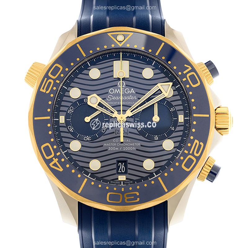 Omega Seamaster Replica - Automatic - 18kt Gold/Steel - Blue Dial & Buckle - Blue Rubber Strap