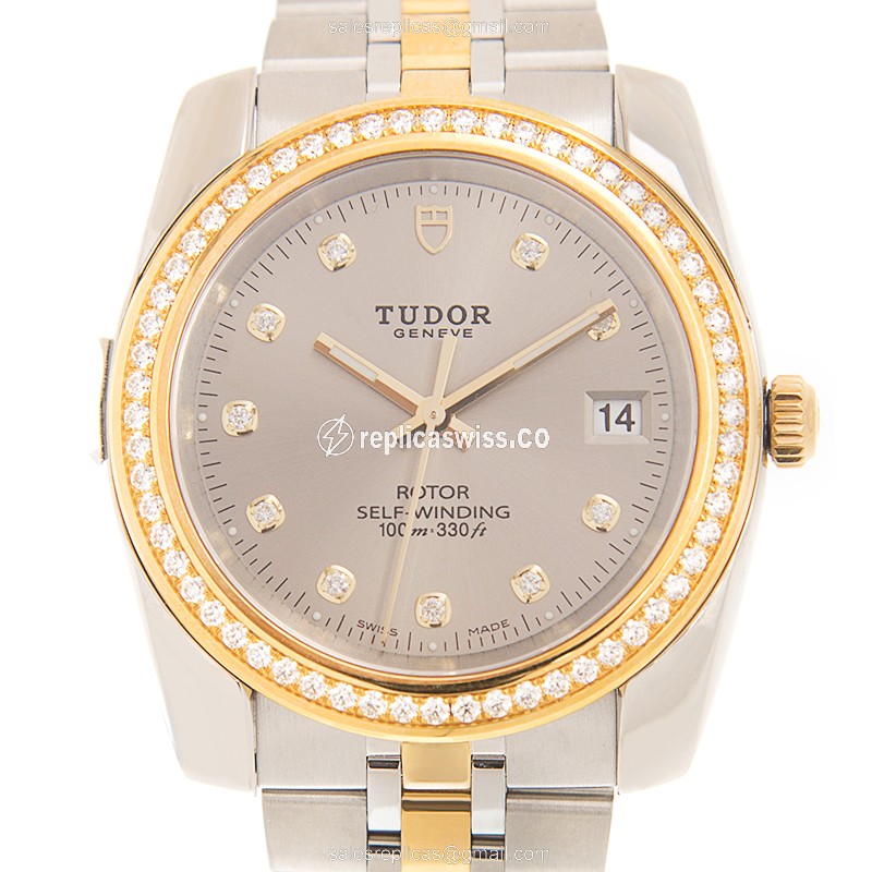 Tudor Classic 21023-62583-10DI-GY - Automatic - 18kt Gold & Diamond - Steel Case - Gray Dial