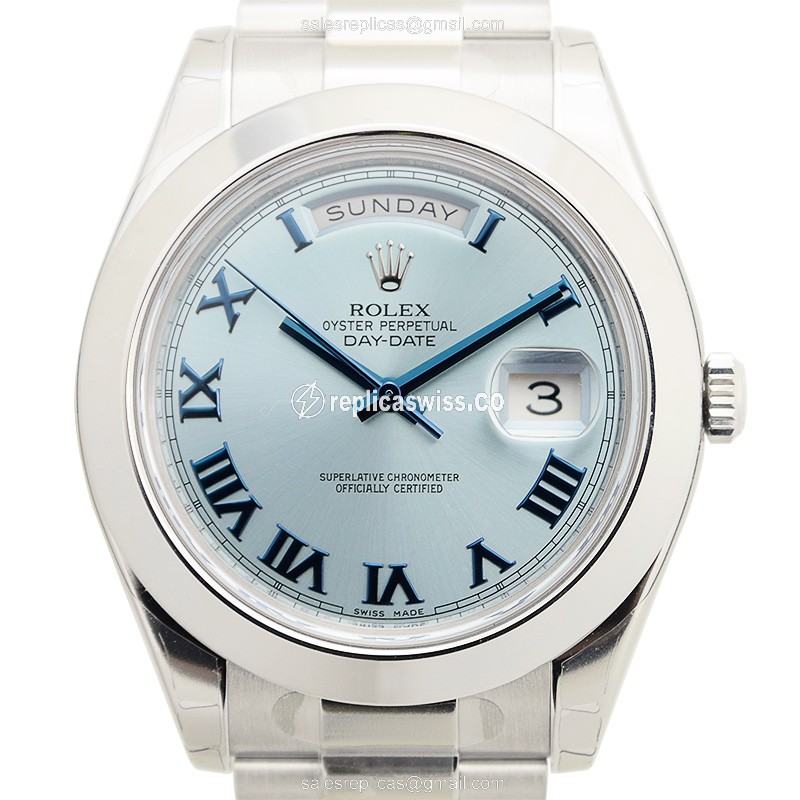 Rolex Day-Date Replica - Automatic - White Gold - Blue Dial, Silver Clasp & Steel Strap