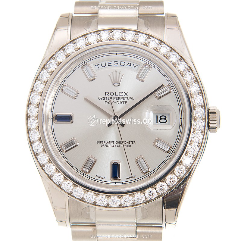 Rolex DAY-DATE Replica - Automatic - 18kt White Gold - Diamond - Silver Dial - Luxury Replica DAY-DATE Watch